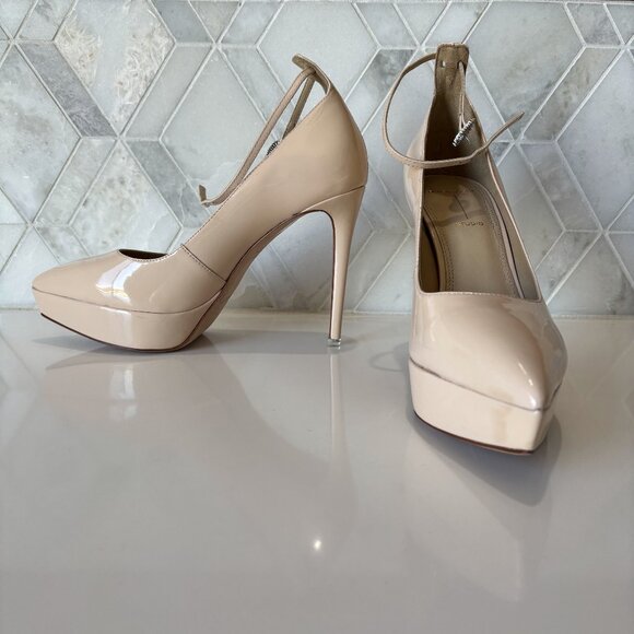 Black Suede Studio 8.5 Platform Heel Pump Stiletto Patent Tan Ankle Strap Gracie - Picture 1 of 13